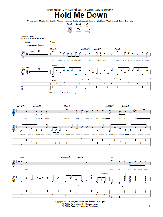 Motion City Soundtrack Hold Me Down Sheet Music Notes & Chords for Guitar Tab - Download or Print PDF Motion City Soundtrack Hold Me Down Sheet Music Notes & Chords for Guitar Tab - Download or Print PDF