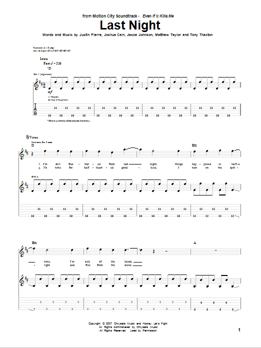 Motion City Soundtrack Last Night Sheet Music Notes & Chords for Guitar Tab - Download or Print PDF