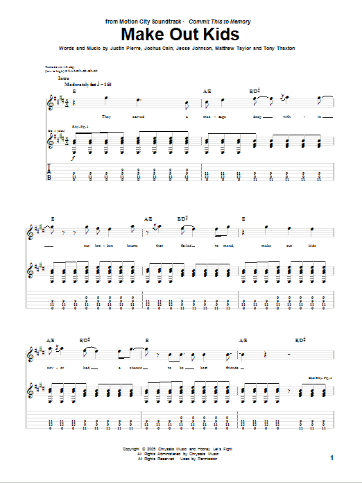Motion City Soundtrack Make Out Kids Sheet Music Notes & Chords for Guitar Tab - Download or Print PDF