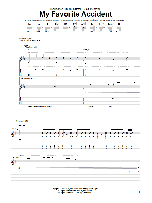 Motion City Soundtrack My Favorite Accident Sheet Music Notes & Chords for Guitar Tab - Download or Print PDF