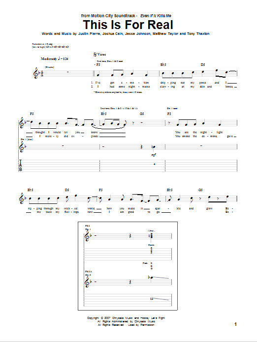 Motion City Soundtrack This Is For Real Sheet Music Notes & Chords for Guitar Tab - Download or Print PDF