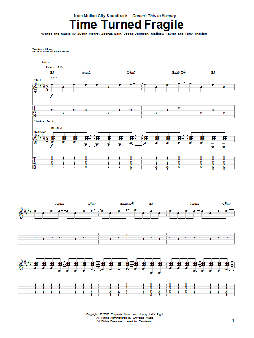 Motion City Soundtrack Time Turned Fragile Sheet Music Notes & Chords for Guitar Tab - Download or Print PDF