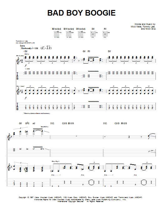 Motley Crue Bad Boy Boogie Sheet Music Notes & Chords for Guitar Tab - Download or Print PDF