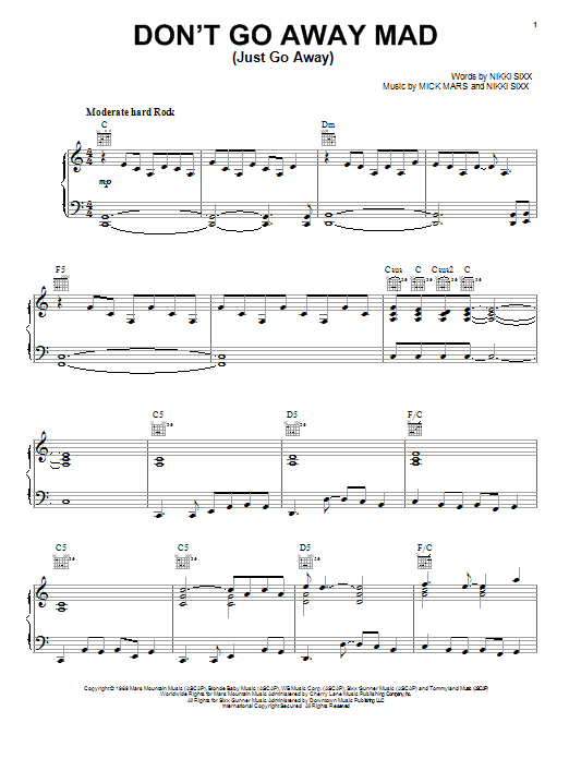 Motley Crue Don't Go Away Mad (Just Go Away) Sheet Music Notes & Chords for Piano, Vocal & Guitar (Right-Hand Melody) - Download or Print PDF