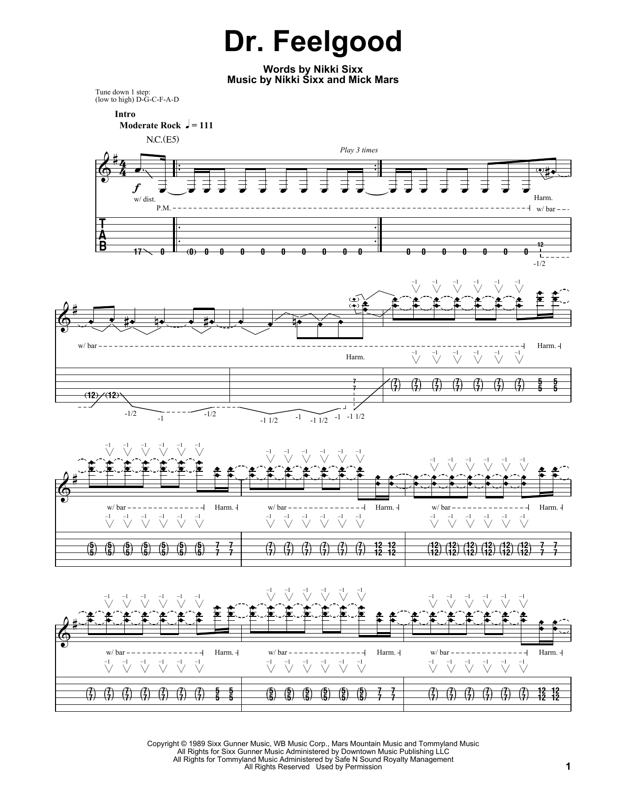 Motley Crue Dr. Feelgood Sheet Music Notes & Chords for Really Easy Guitar - Download or Print PDF
