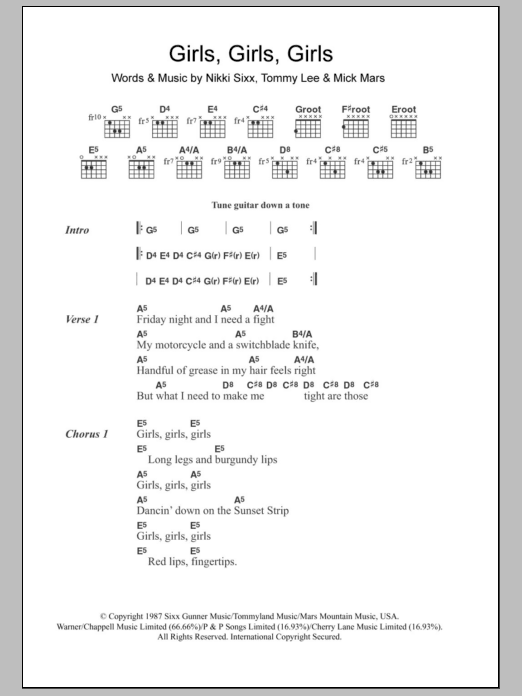 Motley Crue Girls, Girls, Girls Sheet Music Notes & Chords for Lyrics & Chords - Download or Print PDF