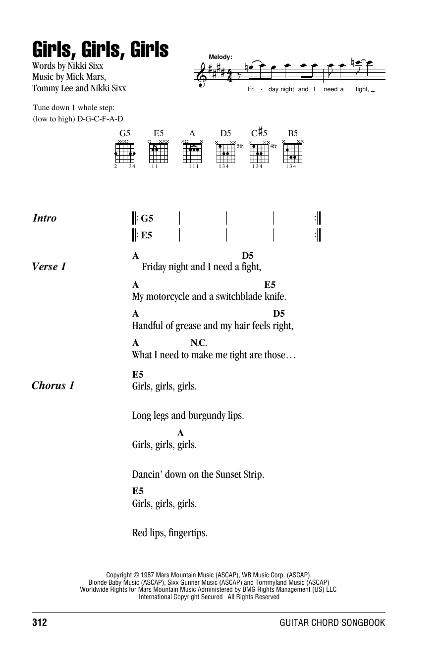 Motley Crue Girls, Girls, Girls Sheet Music Notes & Chords for Guitar Chords/Lyrics - Download or Print PDF