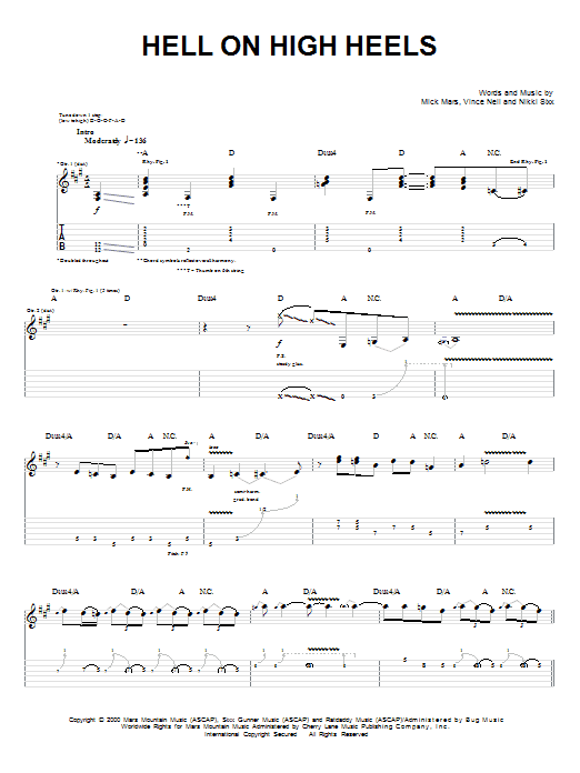 Motley Crue Hell On High Heels Sheet Music Notes & Chords for Guitar Tab - Download or Print PDF