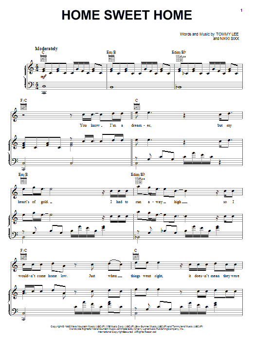 Motley Crue Home Sweet Home Sheet Music Notes & Chords for Piano, Vocal & Guitar (Right-Hand Melody) - Download or Print PDF