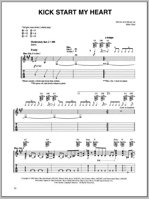 Motley Crue Kick Start My Heart Sheet Music Notes & Chords for Guitar Tab - Download or Print PDF
