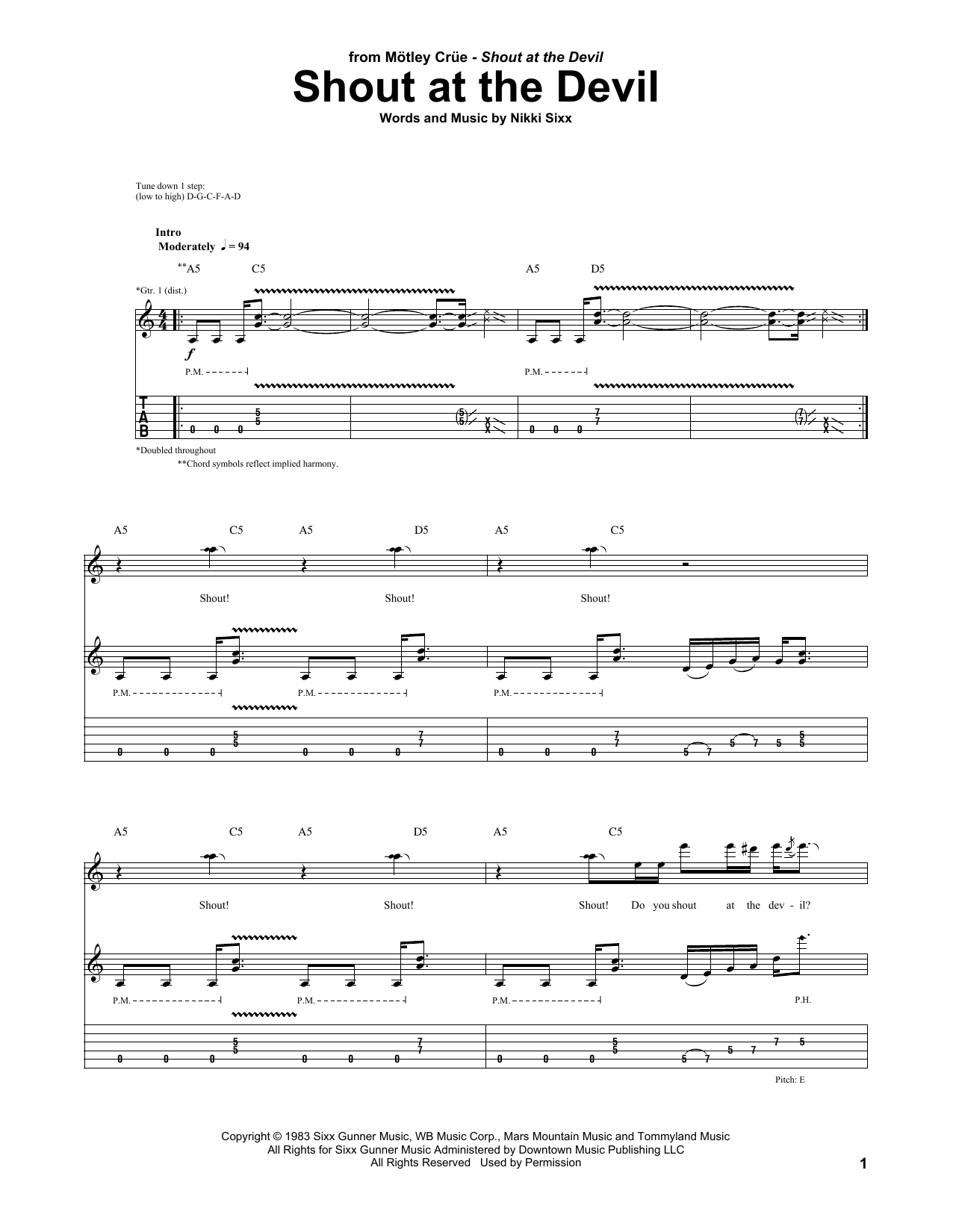 Motley Crue Shout At The Devil Sheet Music Notes & Chords for Guitar Tab - Download or Print PDF