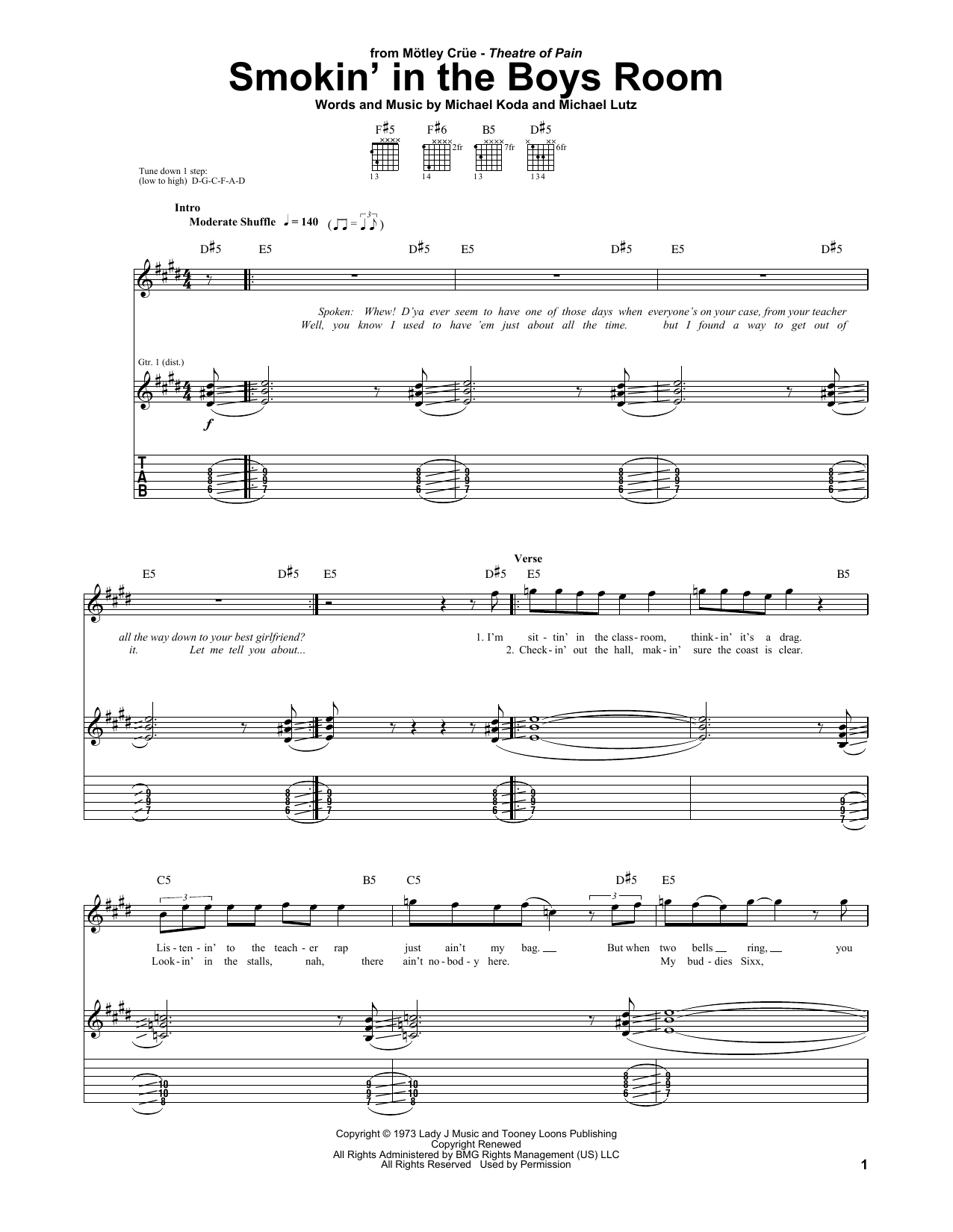 Motley Crue Smokin' In The Boys Room Sheet Music Notes & Chords for Guitar Tab (Single Guitar) - Download or Print PDF