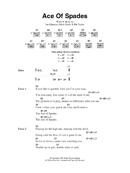 Motorhead Ace Of Spades Sheet Music Notes & Chords for Easy Guitar Tab - Download or Print PDF