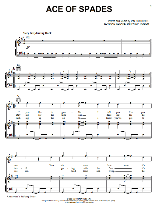 Motorhead Ace Of Spades sheet music notes and chords. Download Printable PDF.