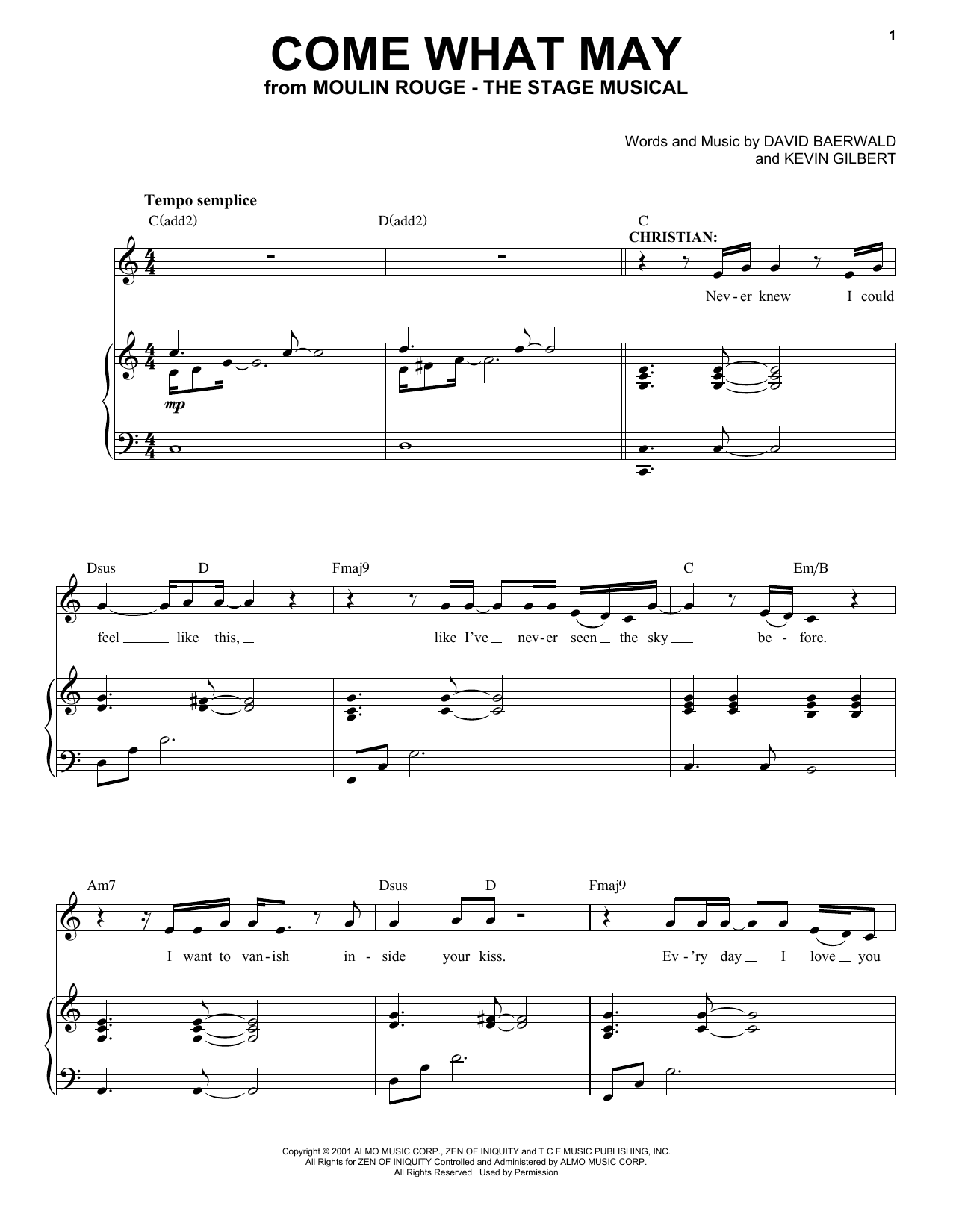 Moulin Rouge! The Musical Cast Come What May (from Moulin Rouge! The Musical) Sheet Music Notes & Chords for Piano & Vocal - Download or Print PDF