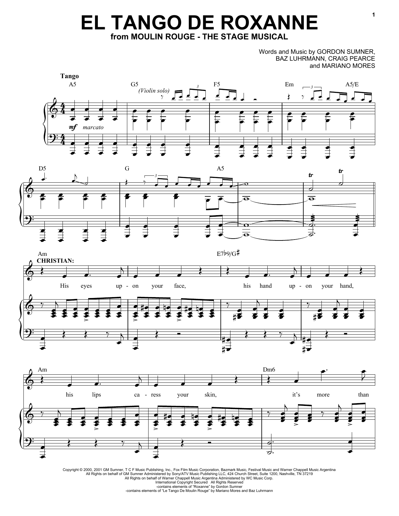 Moulin Rouge! The Musical Cast El Tango De Roxanne (from Moulin Rouge! The Musical) Sheet Music Notes & Chords for Piano & Vocal - Download or Print PDF