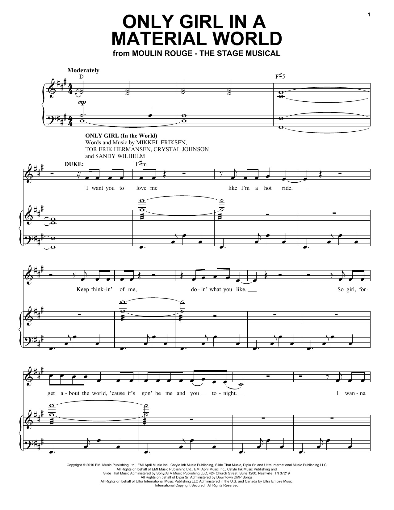 Moulin Rouge! The Musical Cast Only Girl In A Material World (from Moulin Rouge! The Musical) Sheet Music Notes & Chords for Piano & Vocal - Download or Print PDF