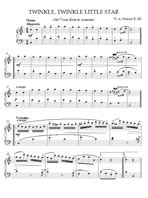 Mozart Twinkle, Twinkle Little Star (Ah! Vous dirai-je, maman) Theme Sheet Music Notes & Chords for Piano - Download or Print PDF Mozart Twinkle, Twinkle Little Star (Ah! Vous dirai-je, maman) Theme Sheet Music Notes & Chords for Piano - Download or Print PDF