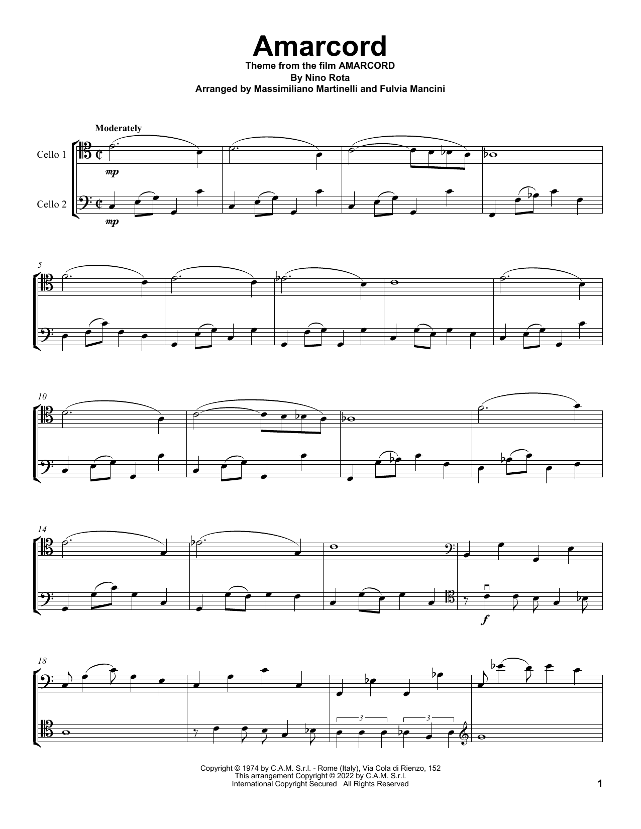 Mr & Mrs Cello Amarcord (from Amarcord) Sheet Music Notes & Chords for Cello Duet - Download or Print PDF