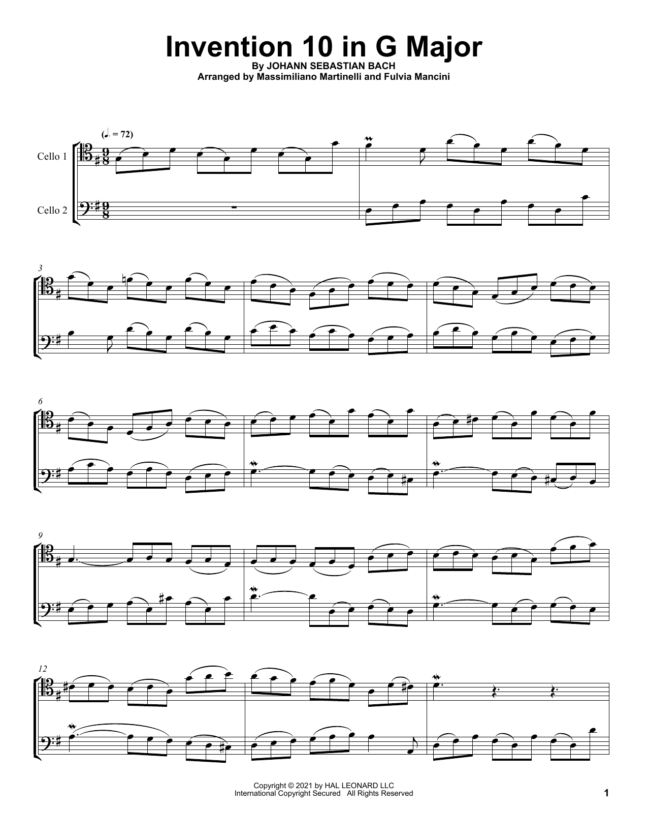 Mr & Mrs Cello Invention 10 In G Major Sheet Music Notes & Chords for Cello Duet - Download or Print PDF