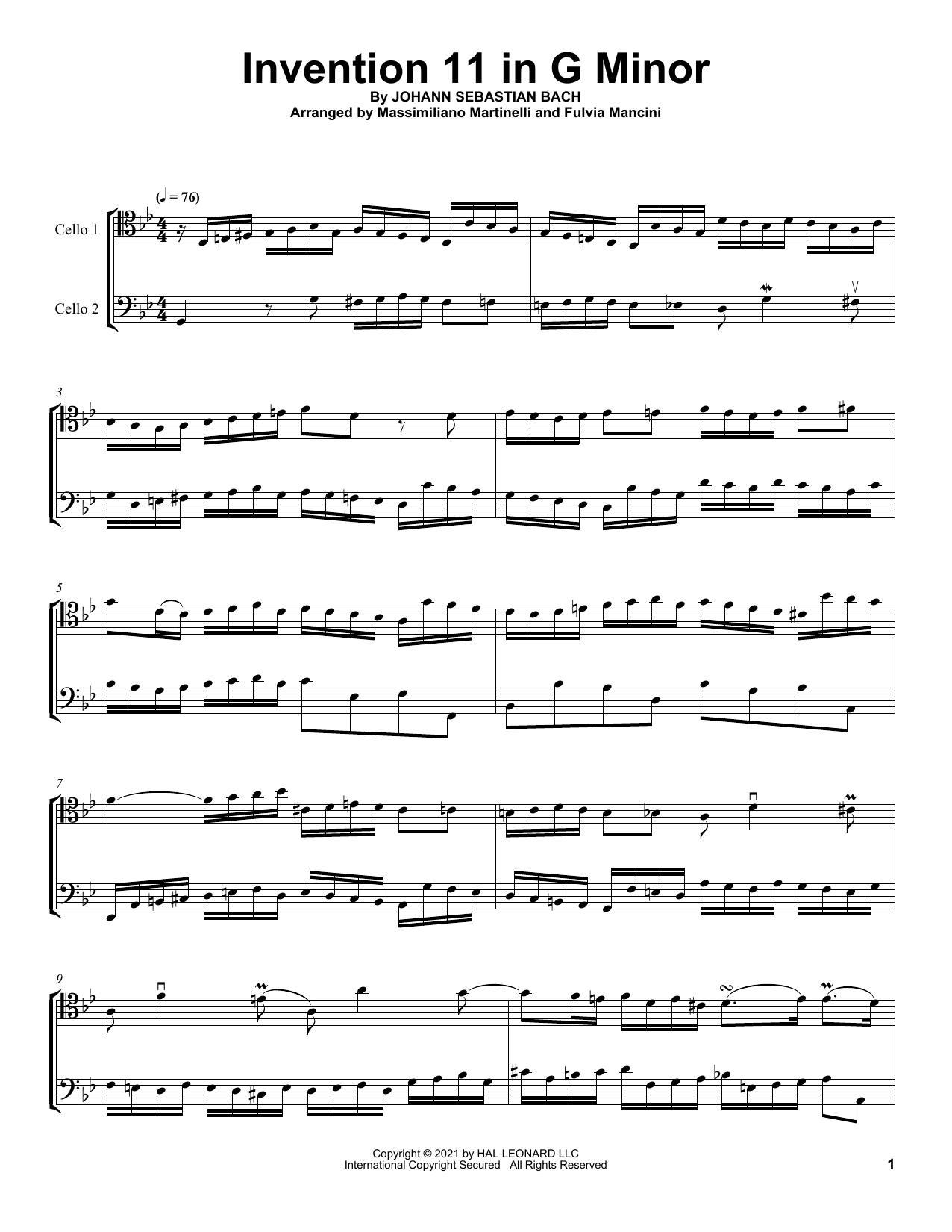 Mr & Mrs Cello Invention 11 In G Minor Sheet Music Notes & Chords for Cello Duet - Download or Print PDF