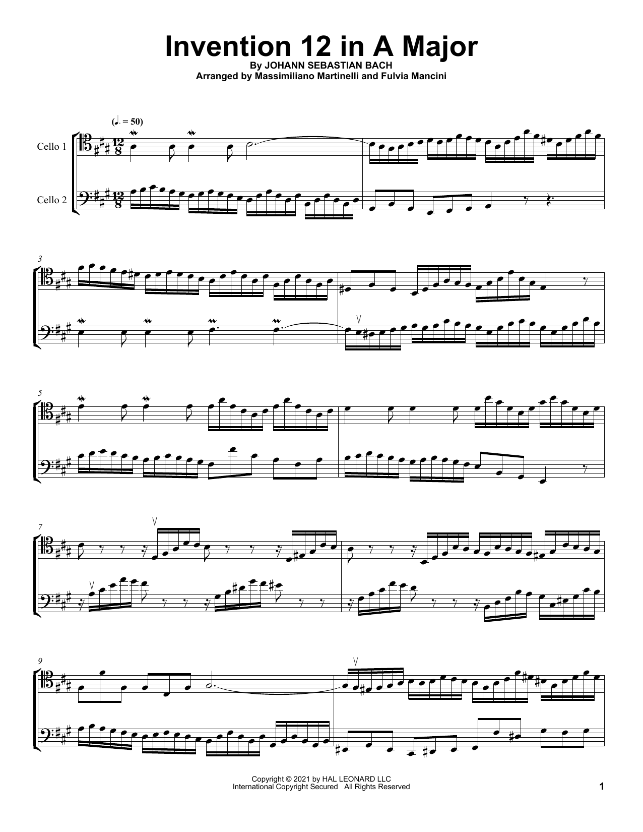 Mr & Mrs Cello Invention 12 In A Major Sheet Music Notes & Chords for Cello Duet - Download or Print PDF