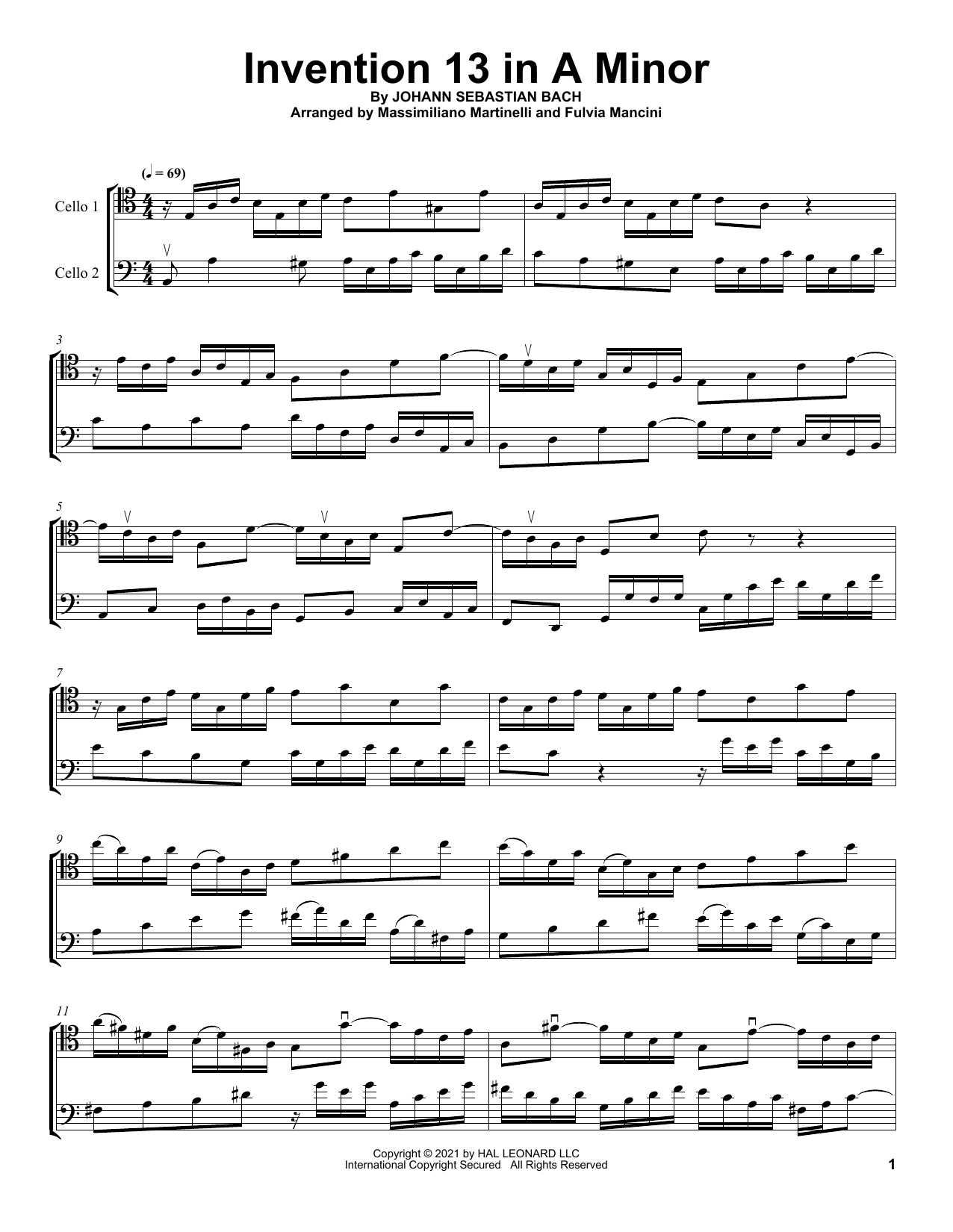 Mr & Mrs Cello Invention 13 In A Minor Sheet Music Notes & Chords for Cello Duet - Download or Print PDF