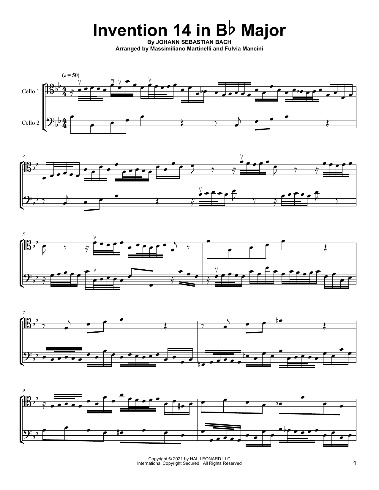 Mr & Mrs Cello Invention 14 In B-Flat Major Sheet Music Notes & Chords for Cello Duet - Download or Print PDF