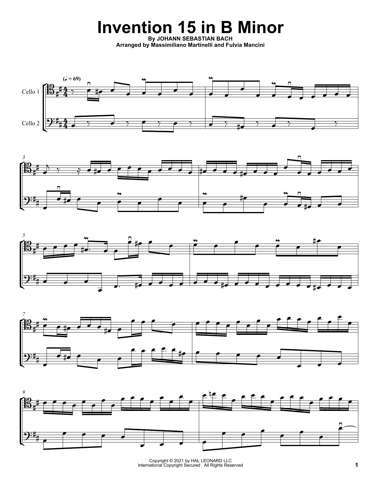 Mr & Mrs Cello Invention 15 In B Minor Sheet Music Notes & Chords for Cello Duet - Download or Print PDF
