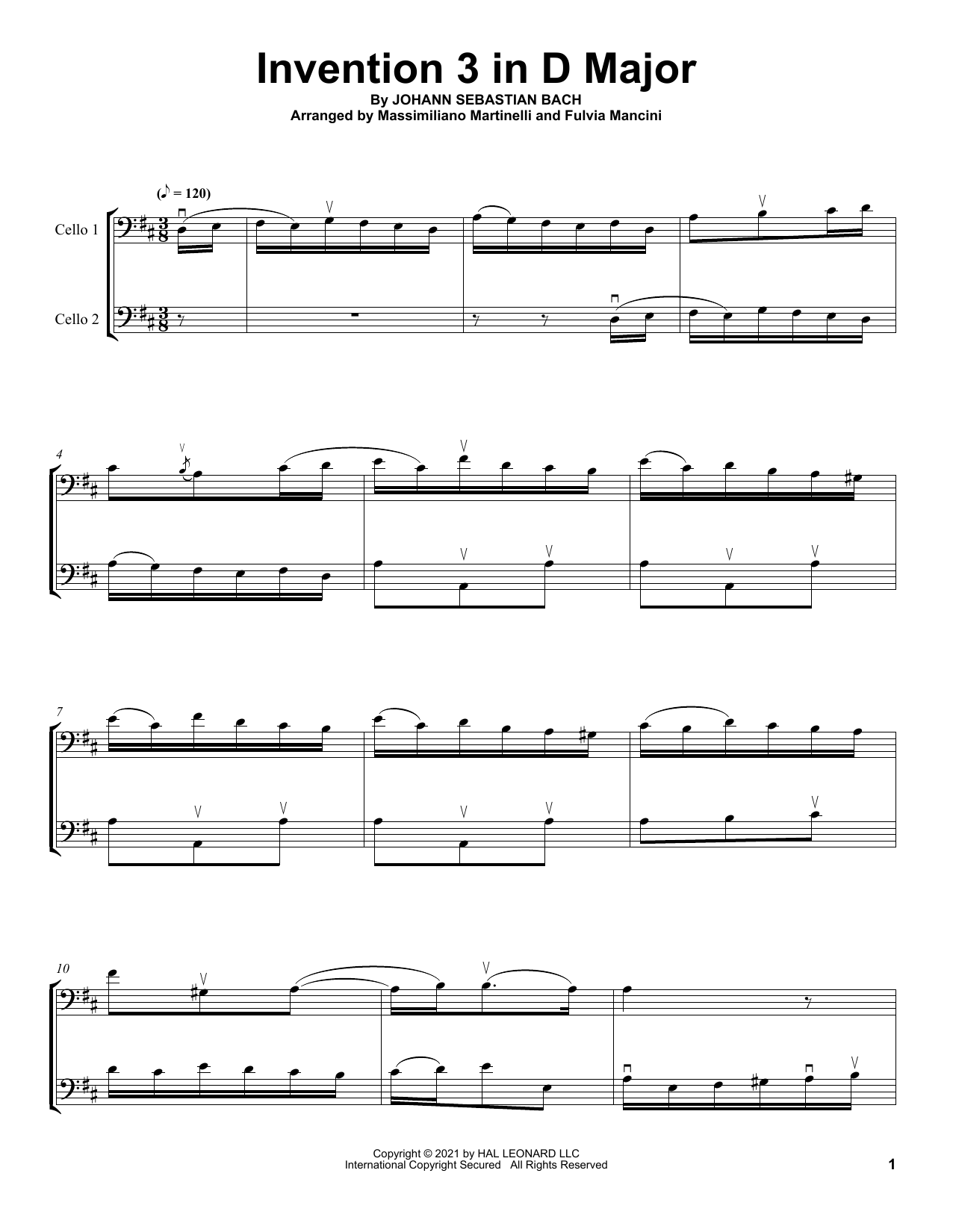 Mr & Mrs Cello Invention 3 In D Major Sheet Music Notes & Chords for Cello Duet - Download or Print PDF