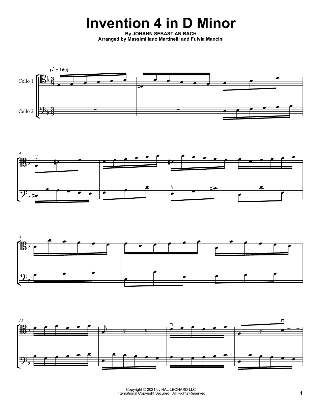 Mr & Mrs Cello Invention 4 In D Minor Sheet Music Notes & Chords for Cello Duet - Download or Print PDF