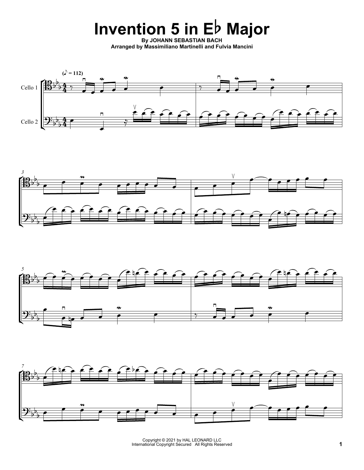 Mr & Mrs Cello Invention 5 In E-Flat Major Sheet Music Notes & Chords for Cello Duet - Download or Print PDF