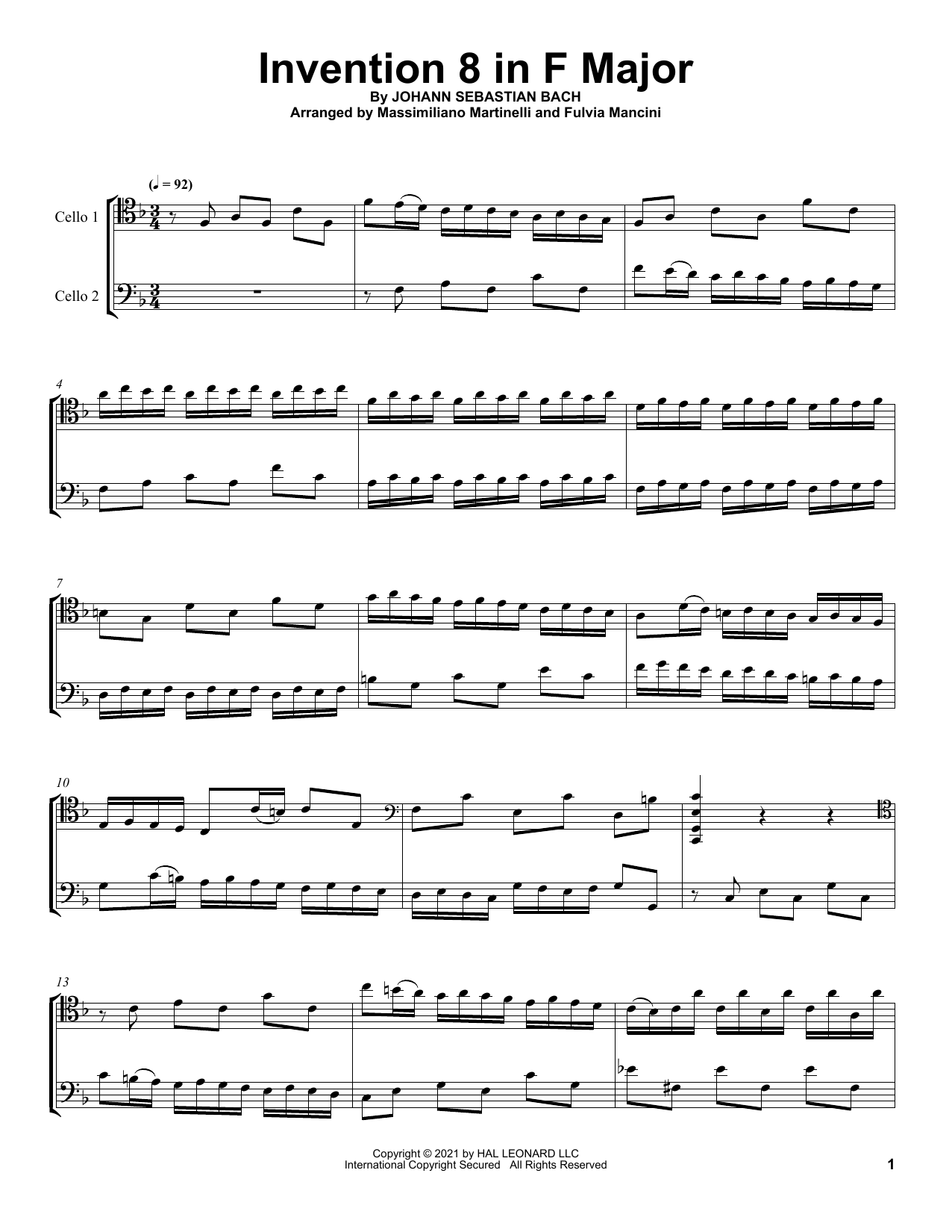 Mr & Mrs Cello Invention 8 In F Major Sheet Music Notes & Chords for Cello Duet - Download or Print PDF