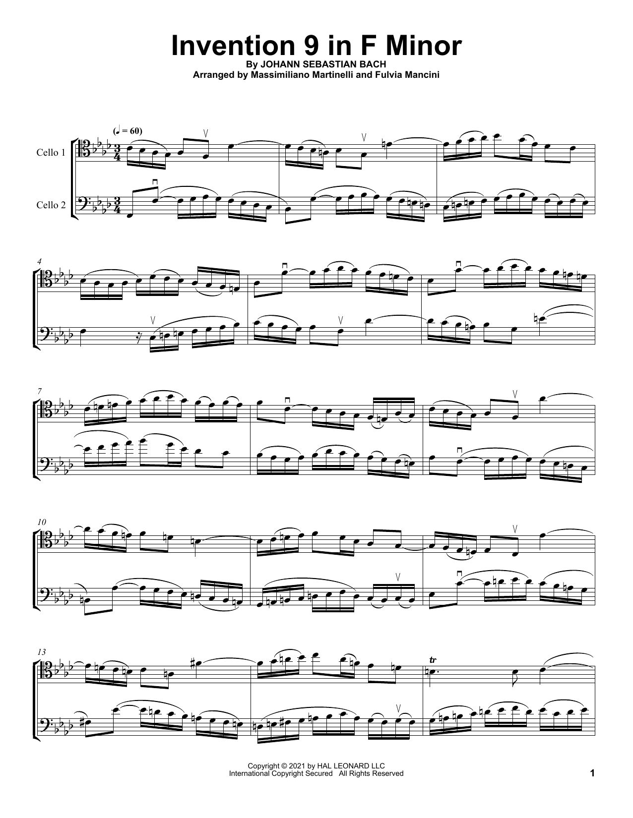 Mr & Mrs Cello Invention 9 In F Minor Sheet Music Notes & Chords for Cello Duet - Download or Print PDF