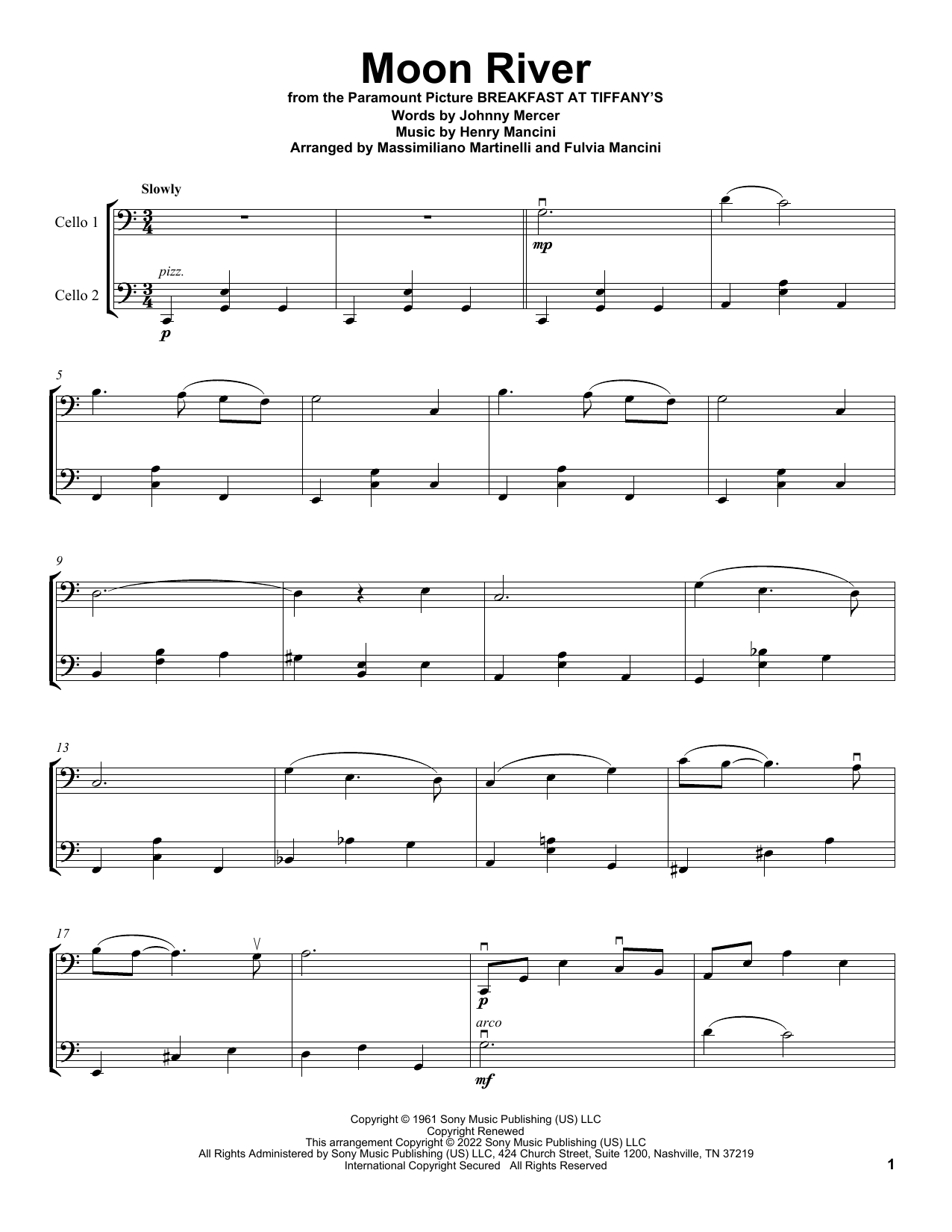 Mr & Mrs Cello Moon River Sheet Music Notes & Chords for Cello Duet - Download or Print PDF