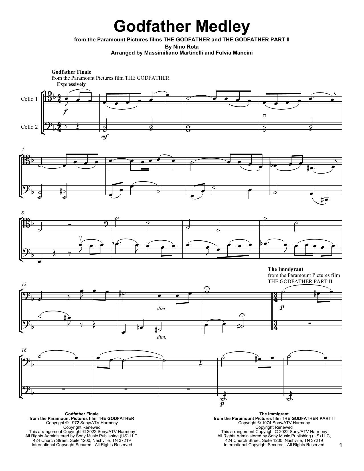 Mr & Mrs Cello The Immigrant (from The Godfather Part II) Sheet Music Notes & Chords for Cello Duet - Download or Print PDF