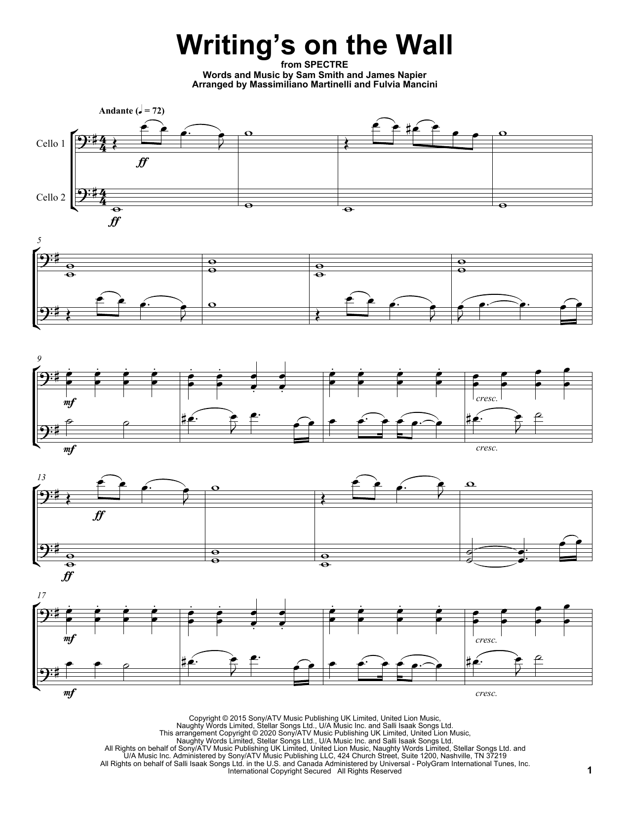 Mr. & Mrs. Cello Writing's On The Wall Sheet Music Notes & Chords for Cello Duet - Download or Print PDF