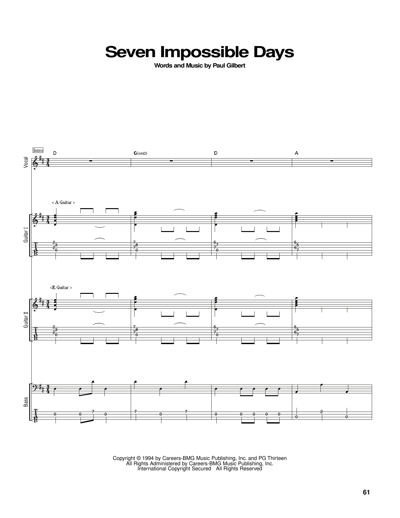 Mr. Big Seven Impossible Days Sheet Music Notes & Chords for Guitar Tab - Download or Print PDF