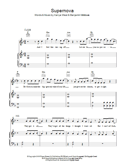 Mr. Hudson featuring Kanye West Supernova Sheet Music Notes & Chords for Piano, Vocal & Guitar - Download or Print PDF