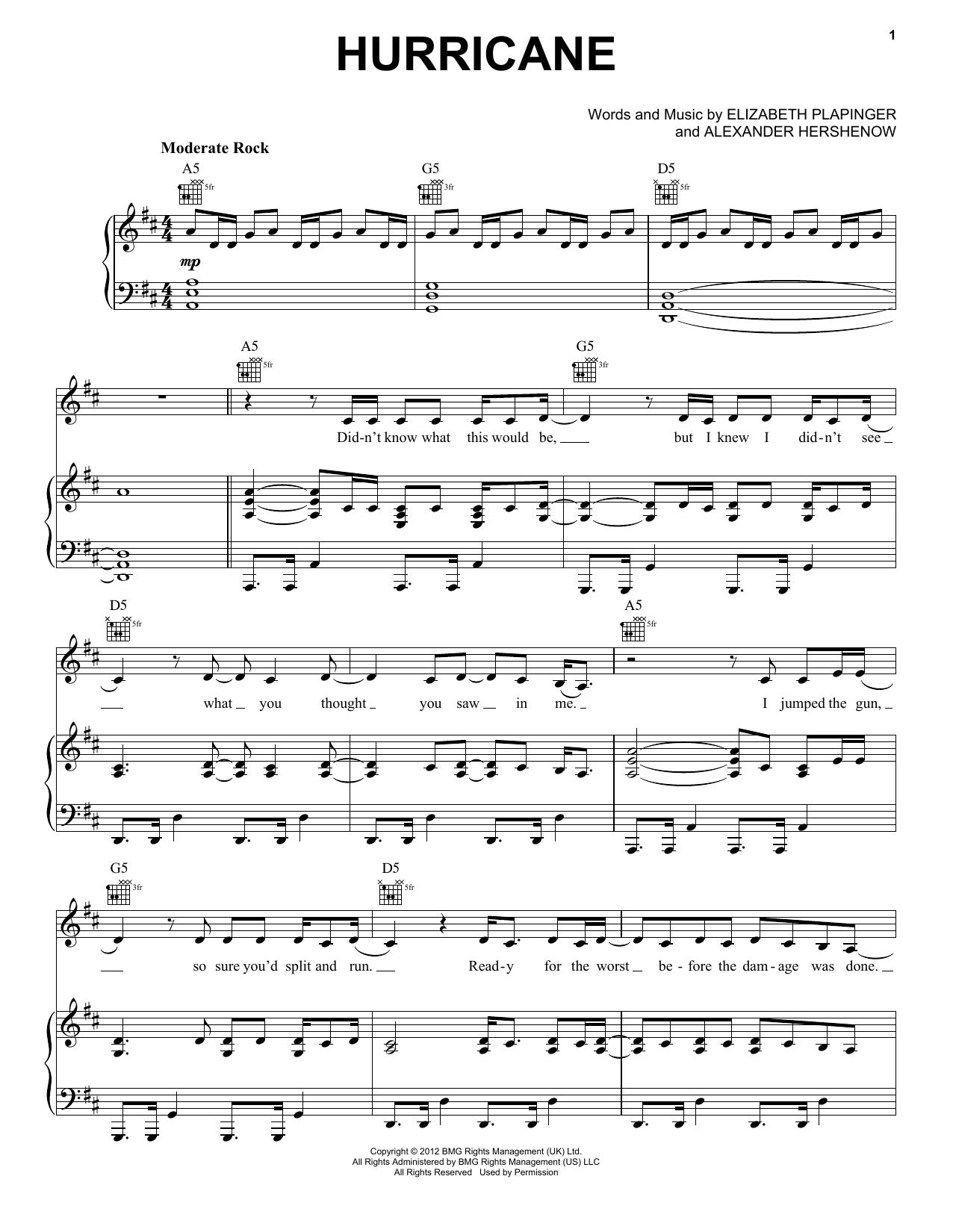 MS MR Hurricane Sheet Music Notes & Chords for Piano, Vocal & Guitar (Right-Hand Melody) - Download or Print PDF