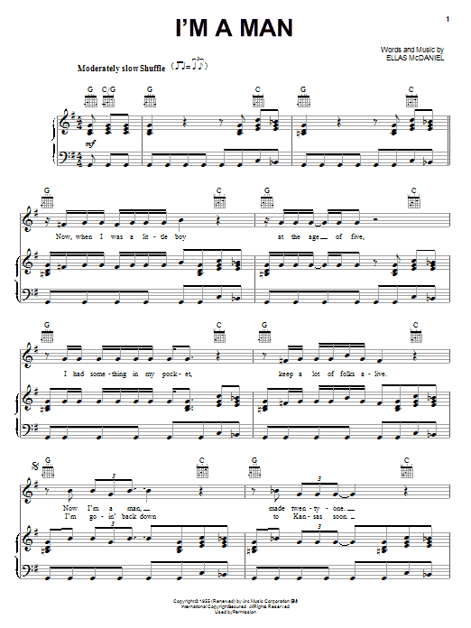 Muddy Waters I'm A Man Sheet Music Notes & Chords for Piano, Vocal & Guitar (Right-Hand Melody) - Download or Print PDF