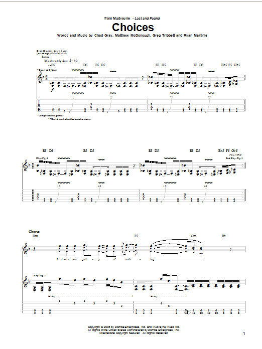 Mudvayne Choices Sheet Music Notes & Chords for Bass Guitar Tab - Download or Print PDF
