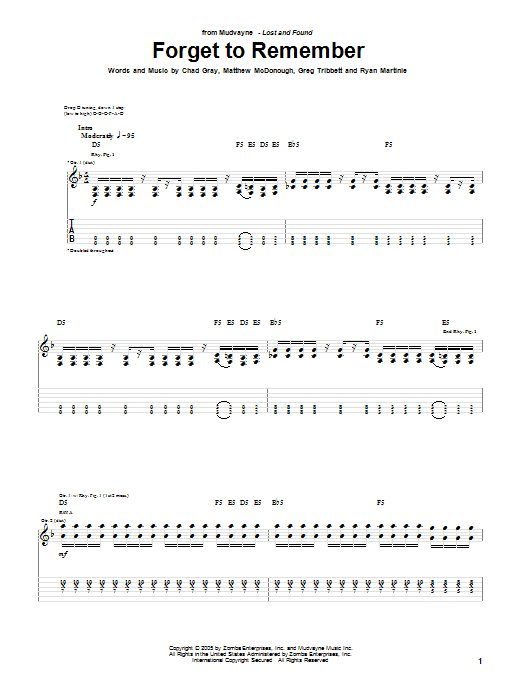 Mudvayne Forget To Remember Sheet Music Notes & Chords for Bass Guitar Tab - Download or Print PDF