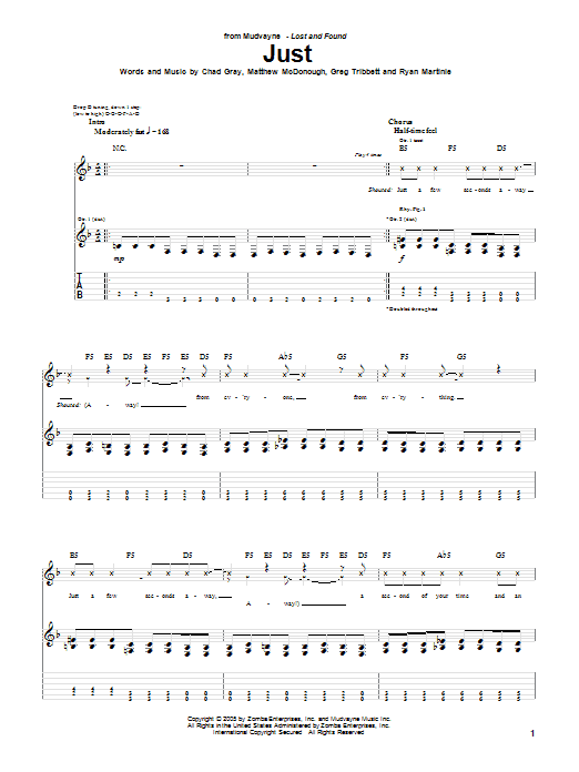 Mudvayne Just Sheet Music Notes & Chords for Guitar Tab - Download or Print PDF