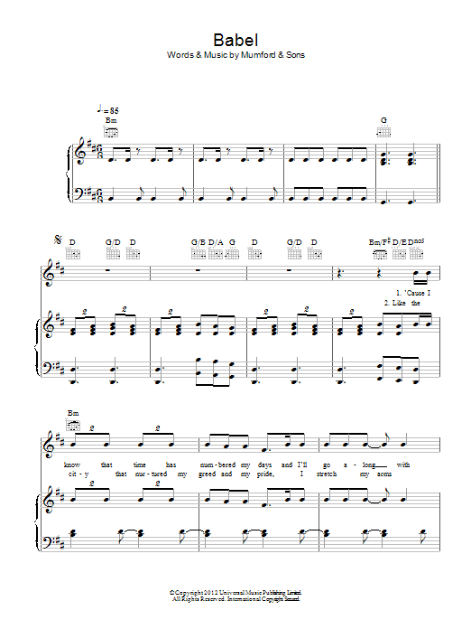 Mumford & Sons Babel Sheet Music Notes & Chords for Piano, Vocal & Guitar (Right-Hand Melody) - Download or Print PDF