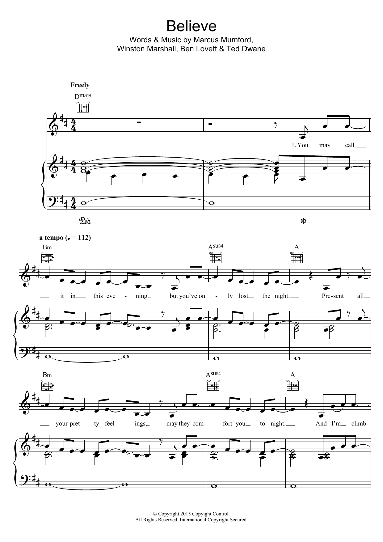 Mumford & Sons Believe Sheet Music Notes & Chords for Piano, Vocal & Guitar (Right-Hand Melody) - Download or Print PDF