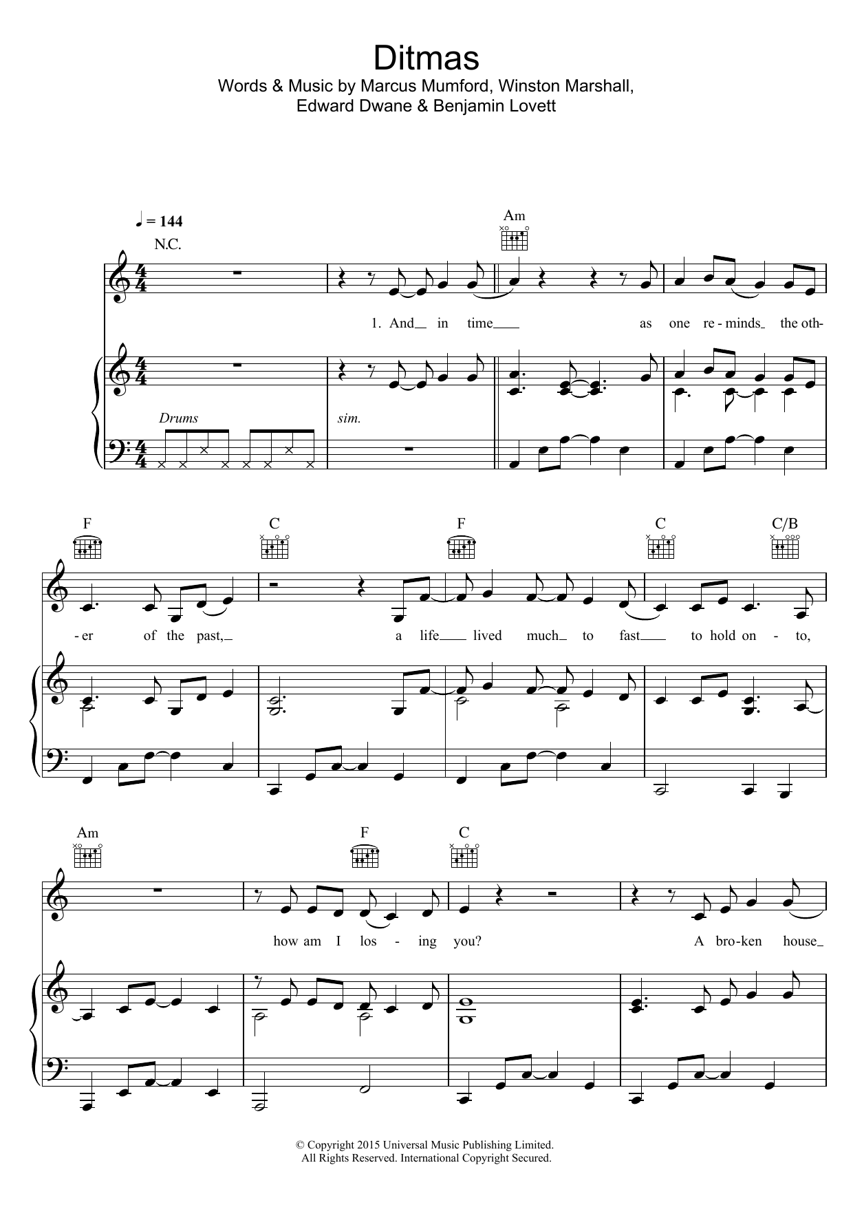 Mumford & Sons Ditmas Sheet Music Notes & Chords for Piano, Vocal & Guitar (Right-Hand Melody) - Download or Print PDF