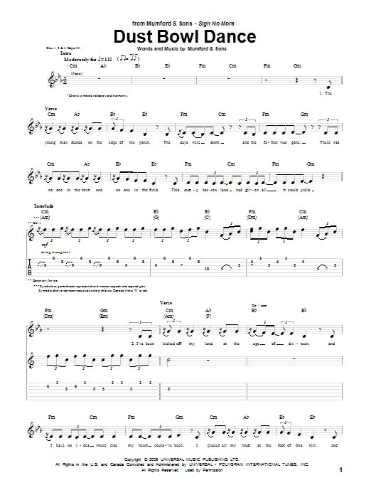 Mumford & Sons Dust Bowl Dance Sheet Music Notes & Chords for Piano, Vocal & Guitar (Right-Hand Melody) - Download or Print PDF