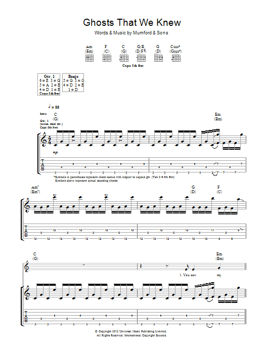 Mumford & Sons Ghosts That We Knew Sheet Music Notes & Chords for Piano, Vocal & Guitar (Right-Hand Melody) - Download or Print PDF