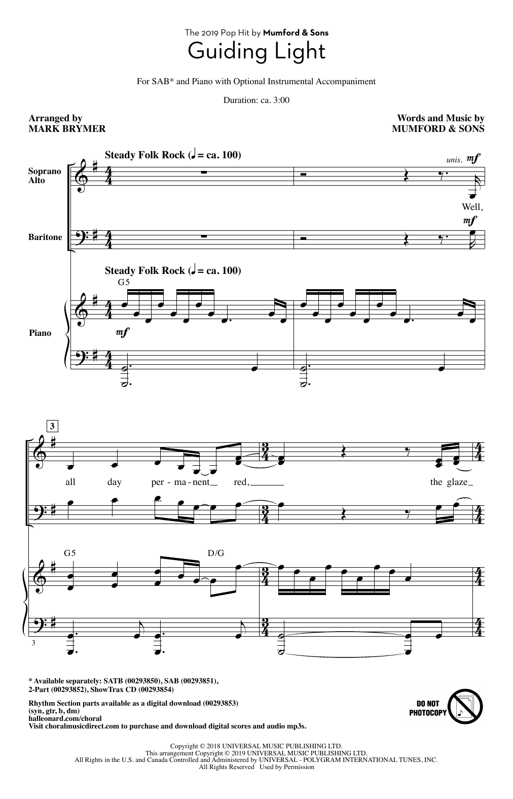 Mumford & Sons Guiding Light (arr. Mark Brymer) Sheet Music Notes & Chords for SATB Choir - Download or Print PDF